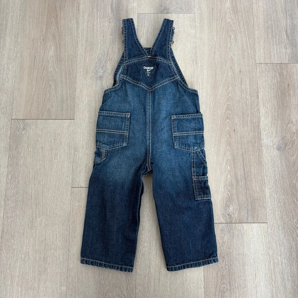 OshKosh B'gosh Kids Unisex Blue Denim Overalls 18-24 Months Classic Snaps Cotton